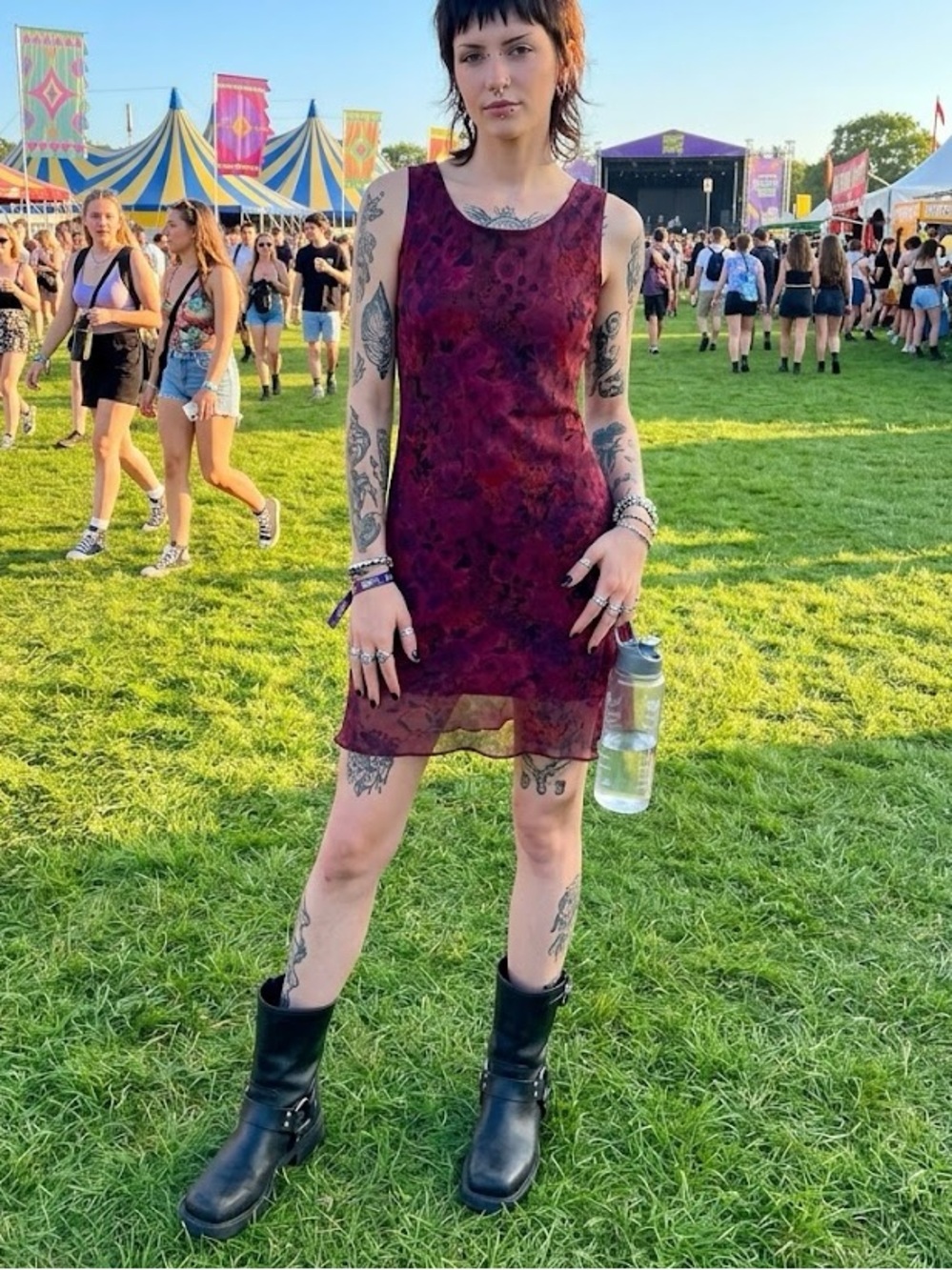 Vintage City Triangles Burgundy Floral Crinkle Fabric Mini Fairy Dress